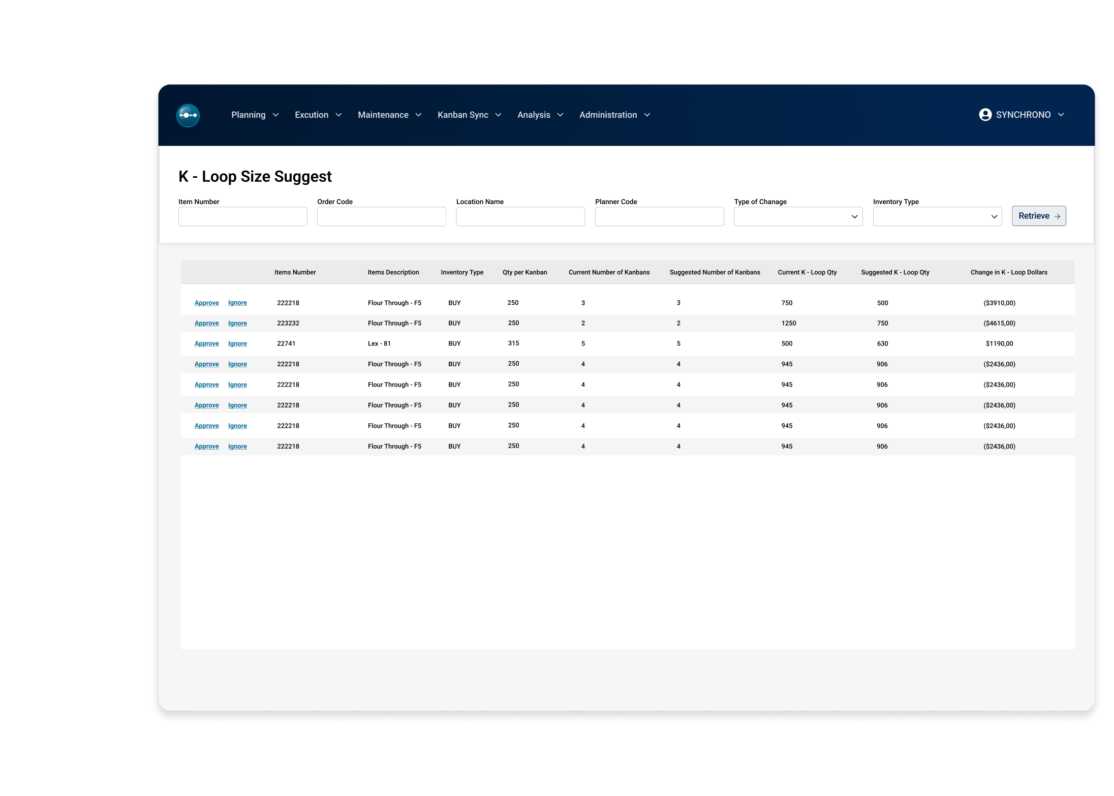 K-Loop Size Suggest Screen in SyncKanban Software
