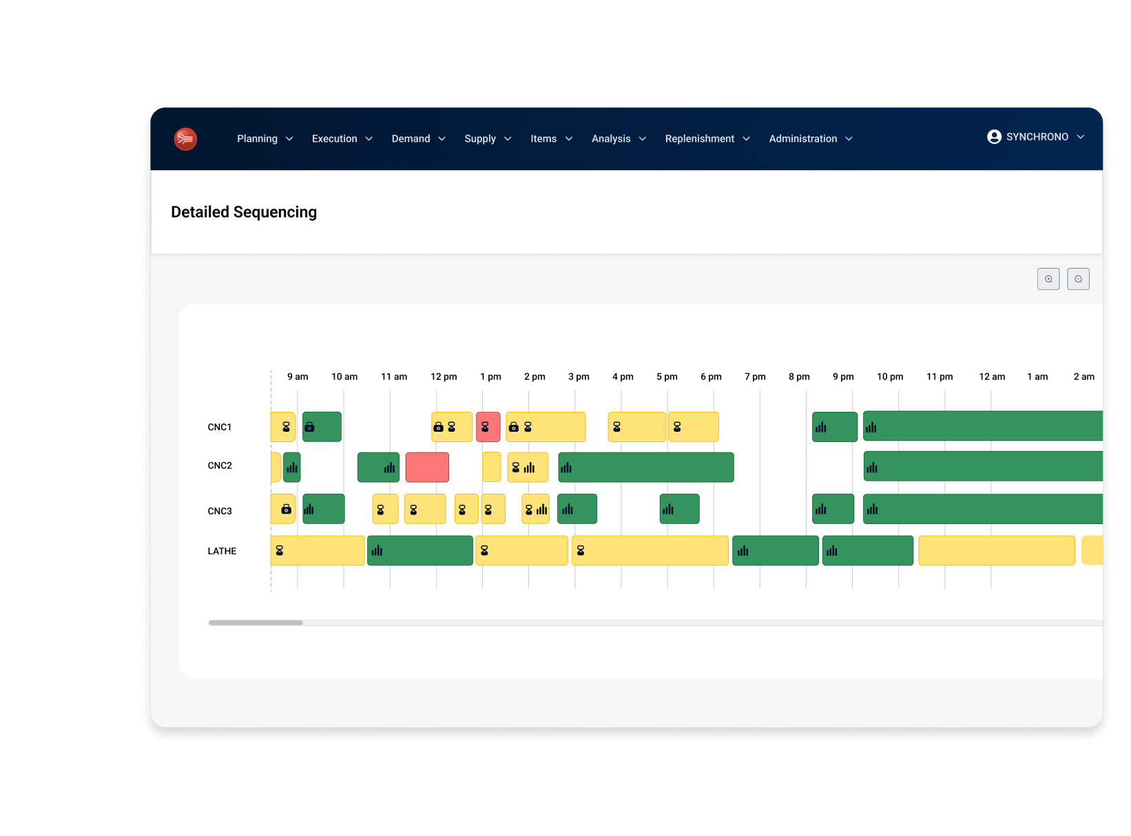Automated scheduling and constraint-based sequencing screen from SyncManufacturing showing streamlined production planning