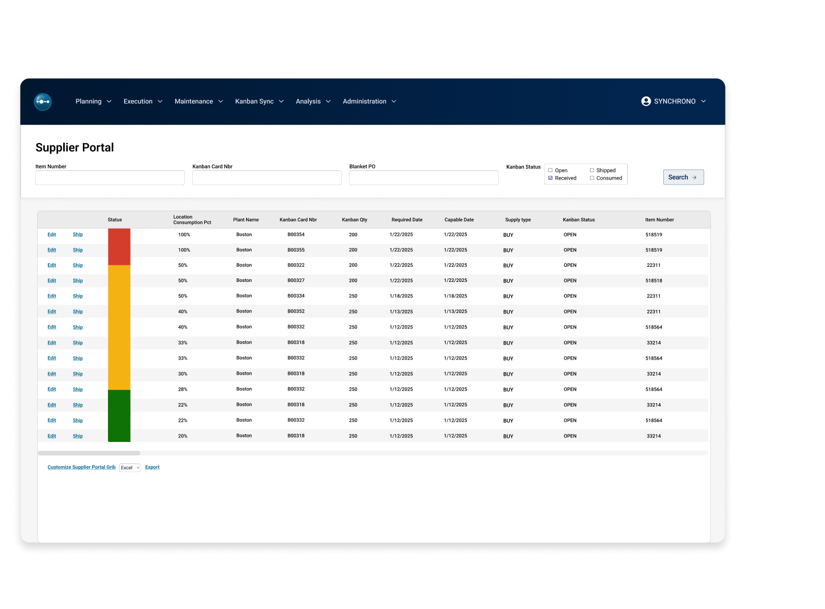 SyncKanban supplier portal interface displaying full supply chain visibility, shipment tracking, confirmations, and prioritized upstream manufacturing tasks