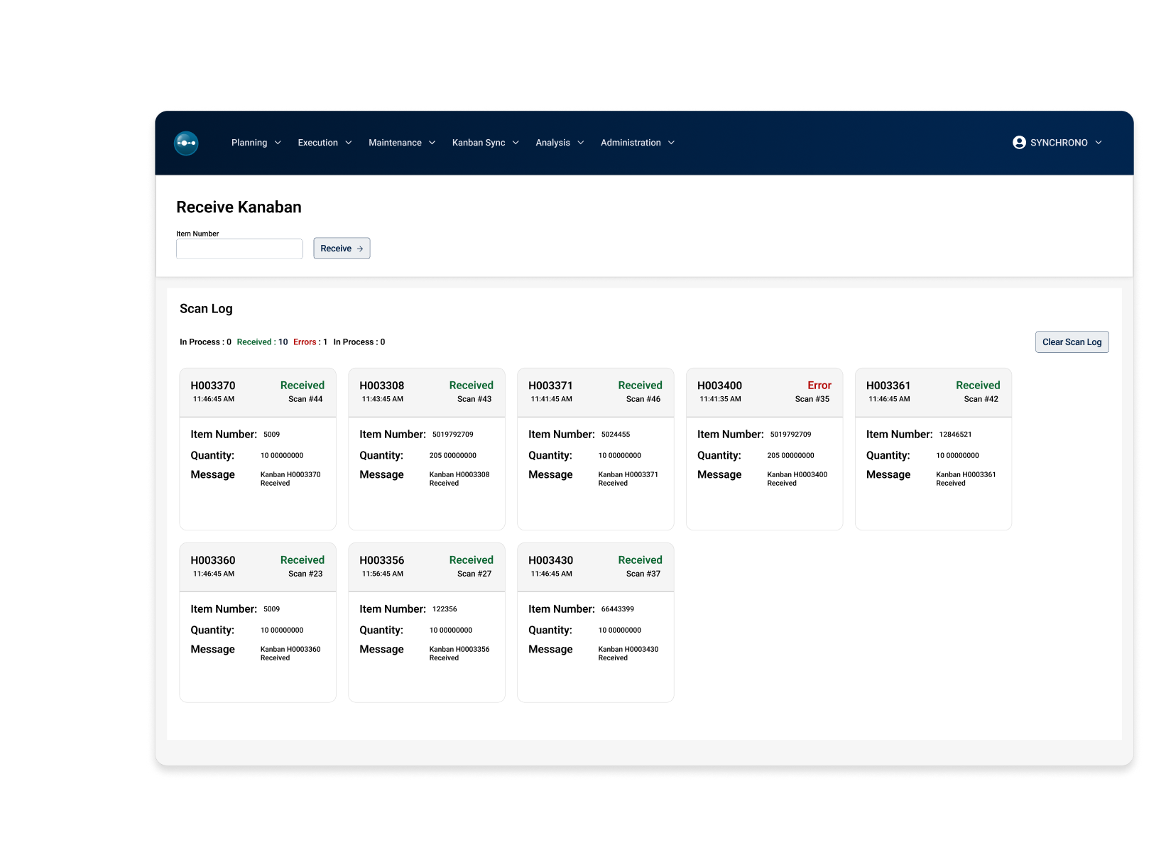 Receive Kanban screen in SyncKanban software enabling ERP integration, barcode stock receiving, and automated execution of blanket purchase orders