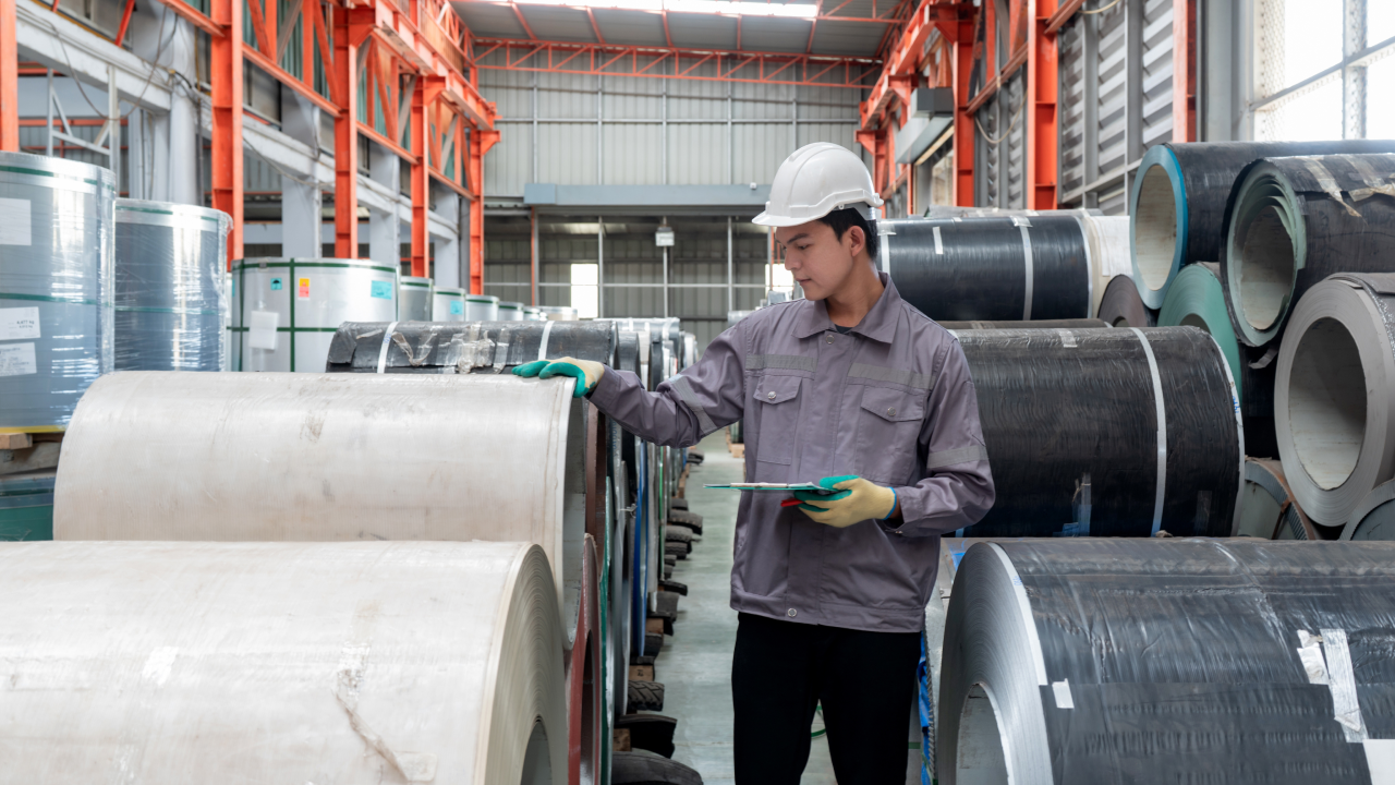 Manufacturing employee analyzing inventory in a warehouse